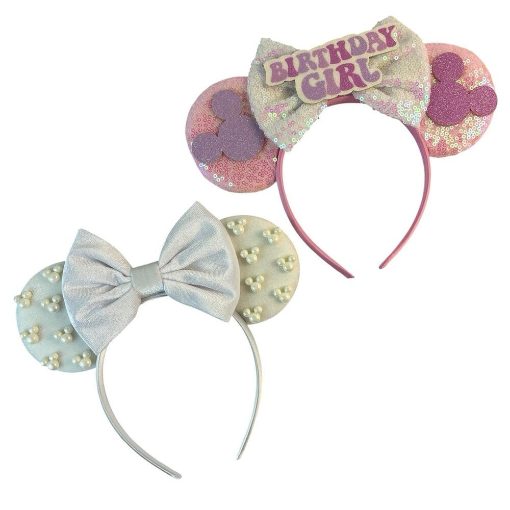 2 Minnie Mickey Mouse Ears Headband Sequin Birthday Girl White Velvet Pearls Bow